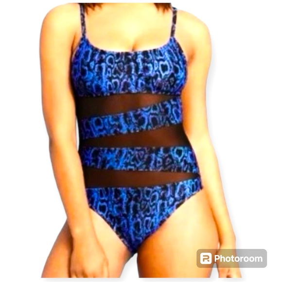 Shade & Shore Snakeskin Mesh Detailing Blue and Black One Piece Swimsuit Size S - Picture 1 of 13